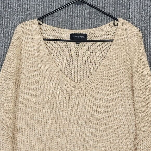 Cotton Candy LA Sweater Womens M/L Tan Long Sleeve Oversized Cropped V Neck - Picture 2 of 11